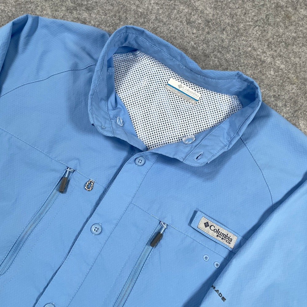 Columbia Mens PFG Fishing Shirt Large Blue Long Sleeve Vented Ripstop Button Up